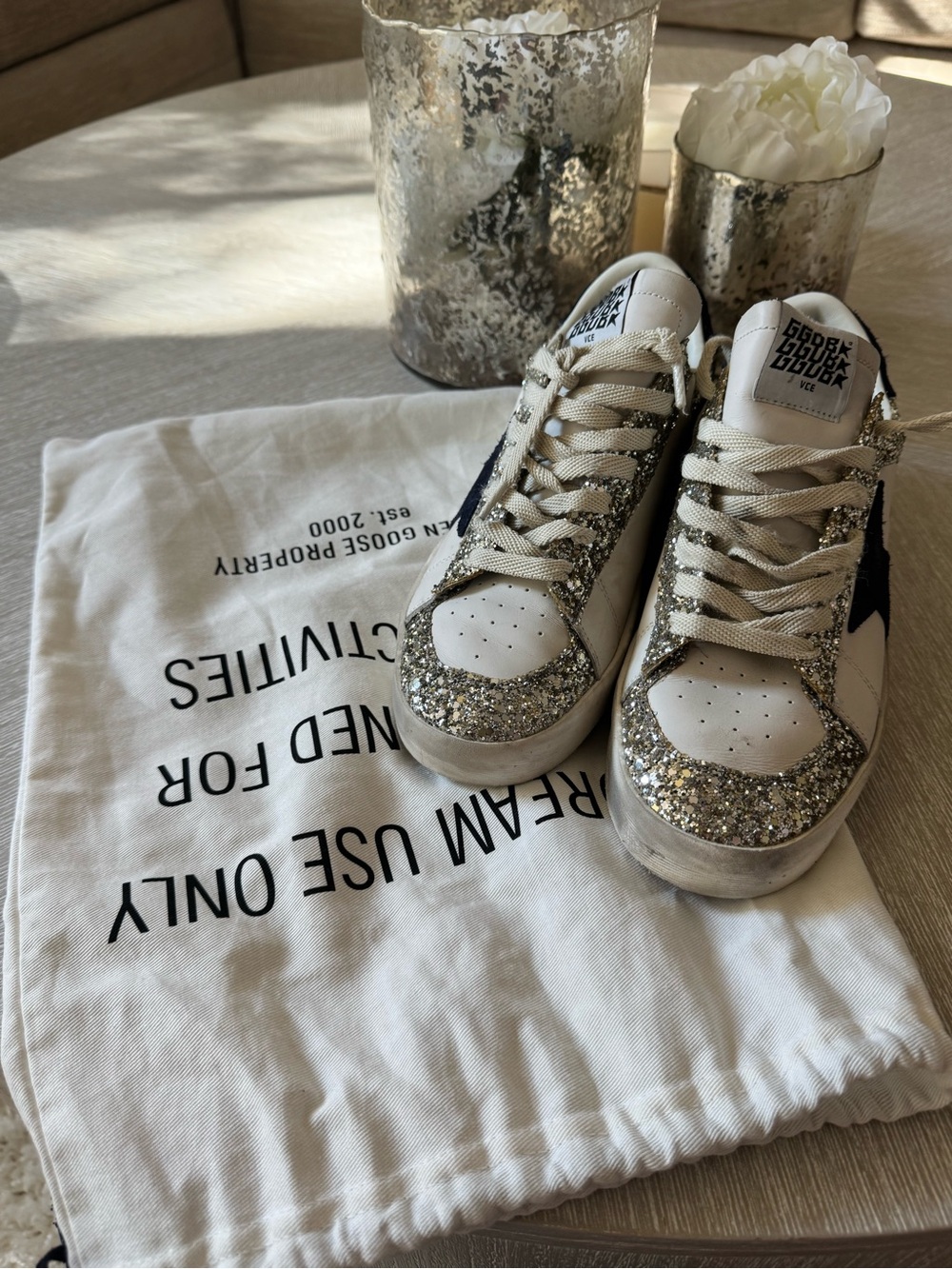 Golden Goose Leather Sneakers with Silver Glitter & Navy Star - Picture 8 of 9